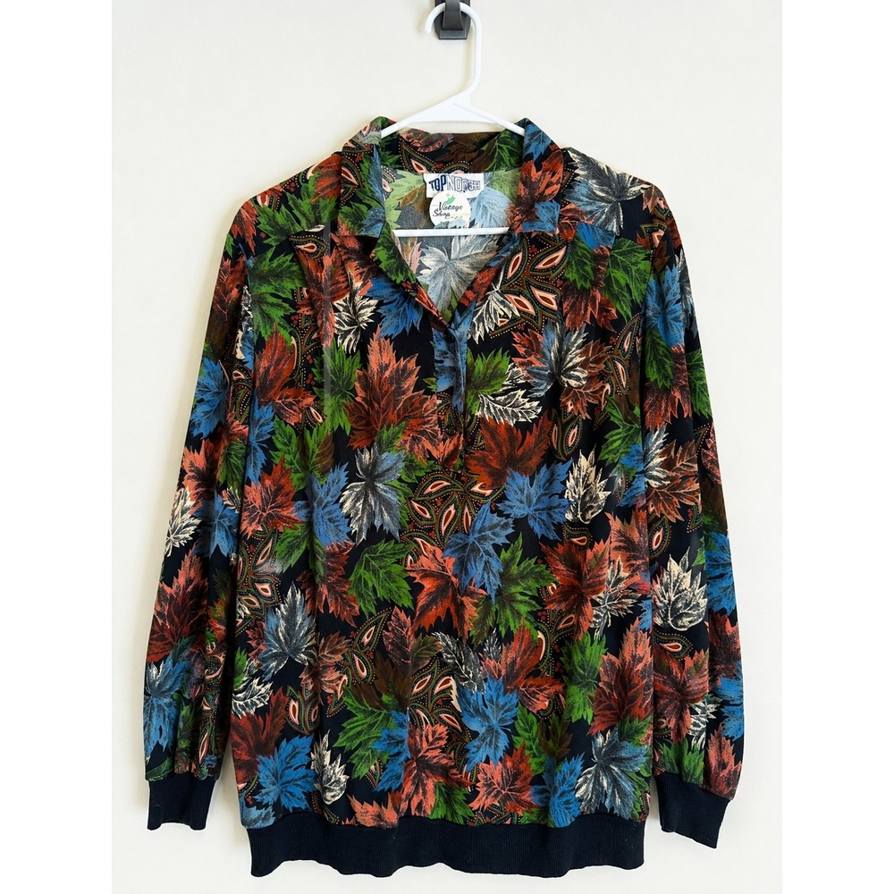 Top Notch Vintage Leaf Print Pullover Blouse Women's M Retro Button Neck Top